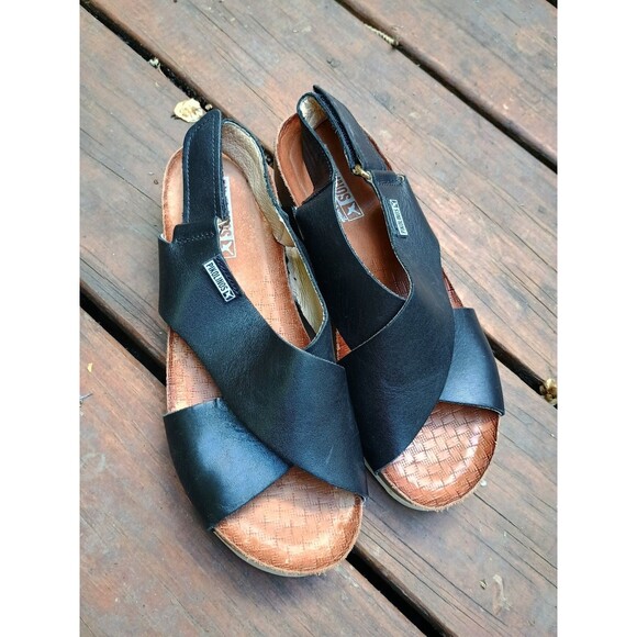 PIKOLINOS Shoes - Women's Pikolinos Mahon Leather Wedge Platform Sandals Black Slingback 36